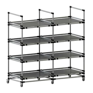 Large mobile shelf made of gray round pipe with black connectors