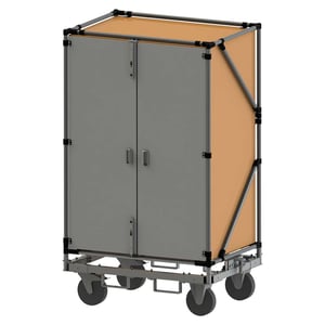 Transport trolley with doors and forklift guides; base frame consists of square profiles