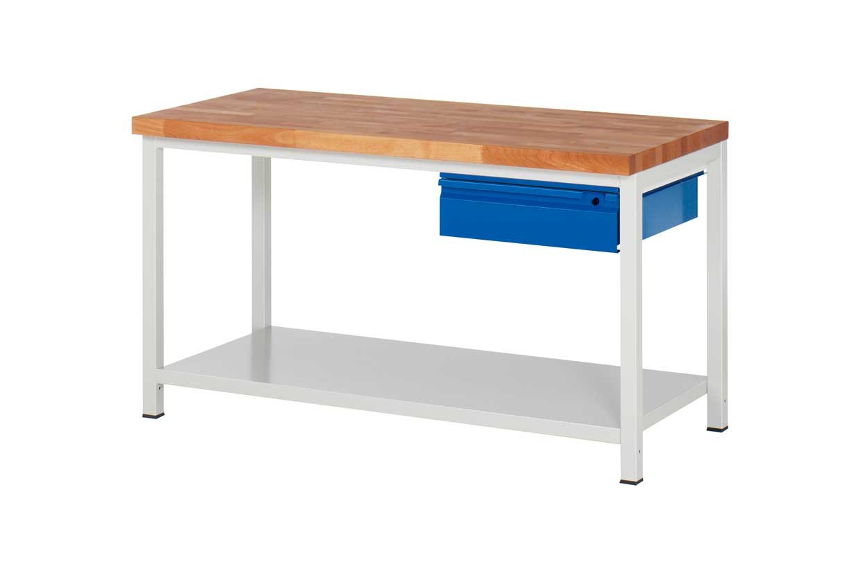 Workbench BASIC with lockable drawer unit and sheet steel shelf
