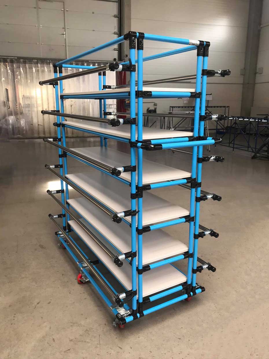 Shelving system with six levels made of steel pipes in sky-blue color