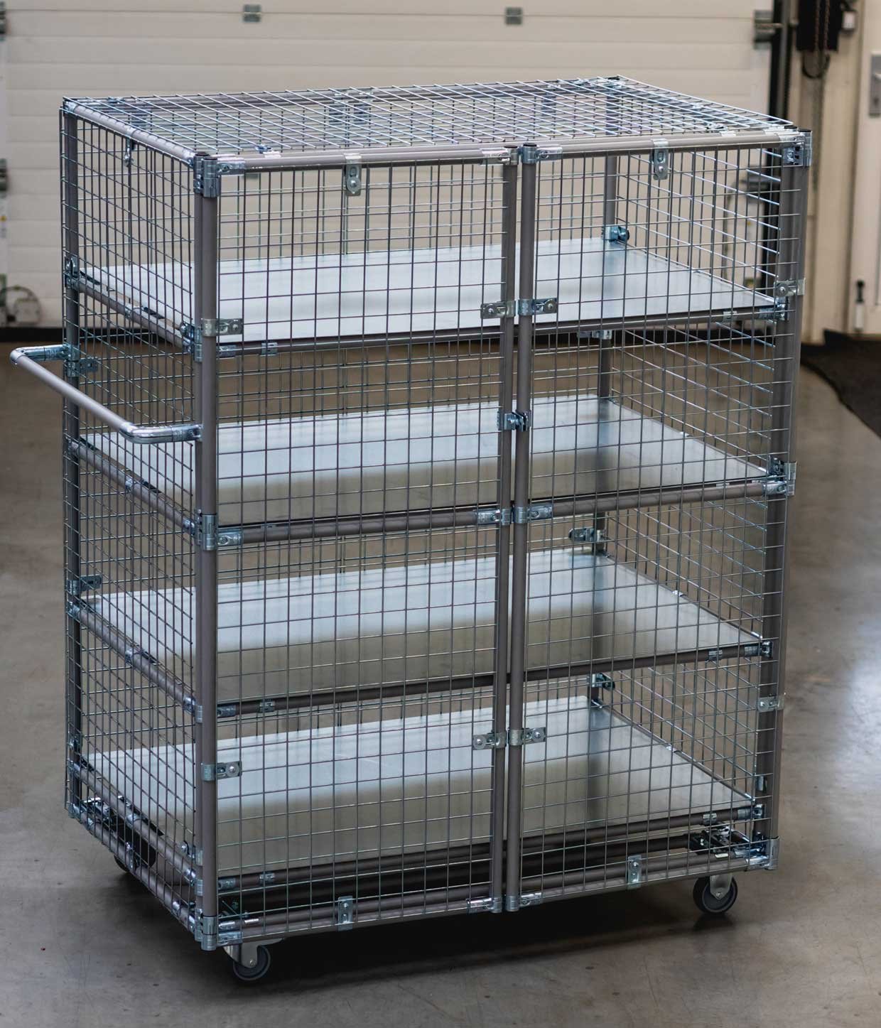 Material and transport trolleys with steel grid housing and doors