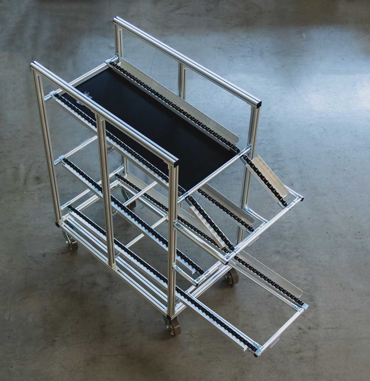 A mobile flow rack with roller tracks and a base frame made of aluminum square pipes.
