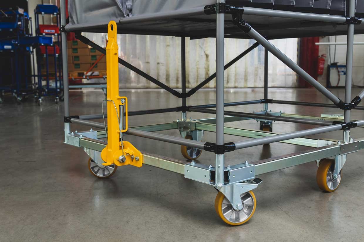 Base frame for transport trolley made of square pipes with tow bar
