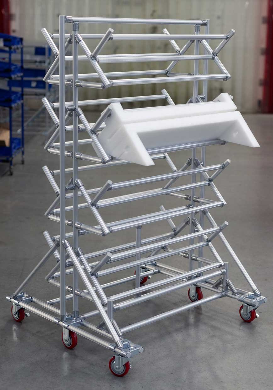 Mobile cantilever rack for special components made of aluminum profile pipes 