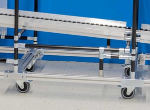 Mobile flow rack made of aluminum square pipes 45x45 mm and steel round pipes 28 mm