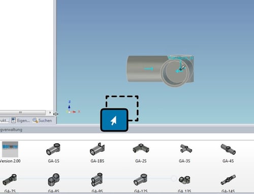 Adding components with the mouse via drag & drop, for example various pipe connectors can be selected