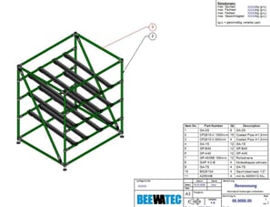 Output from the software, CAD drawing of a flow rack with parts list and numbering for quick assembly.