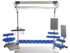 Modular design for assembly workstations with storage bins and swivel arms