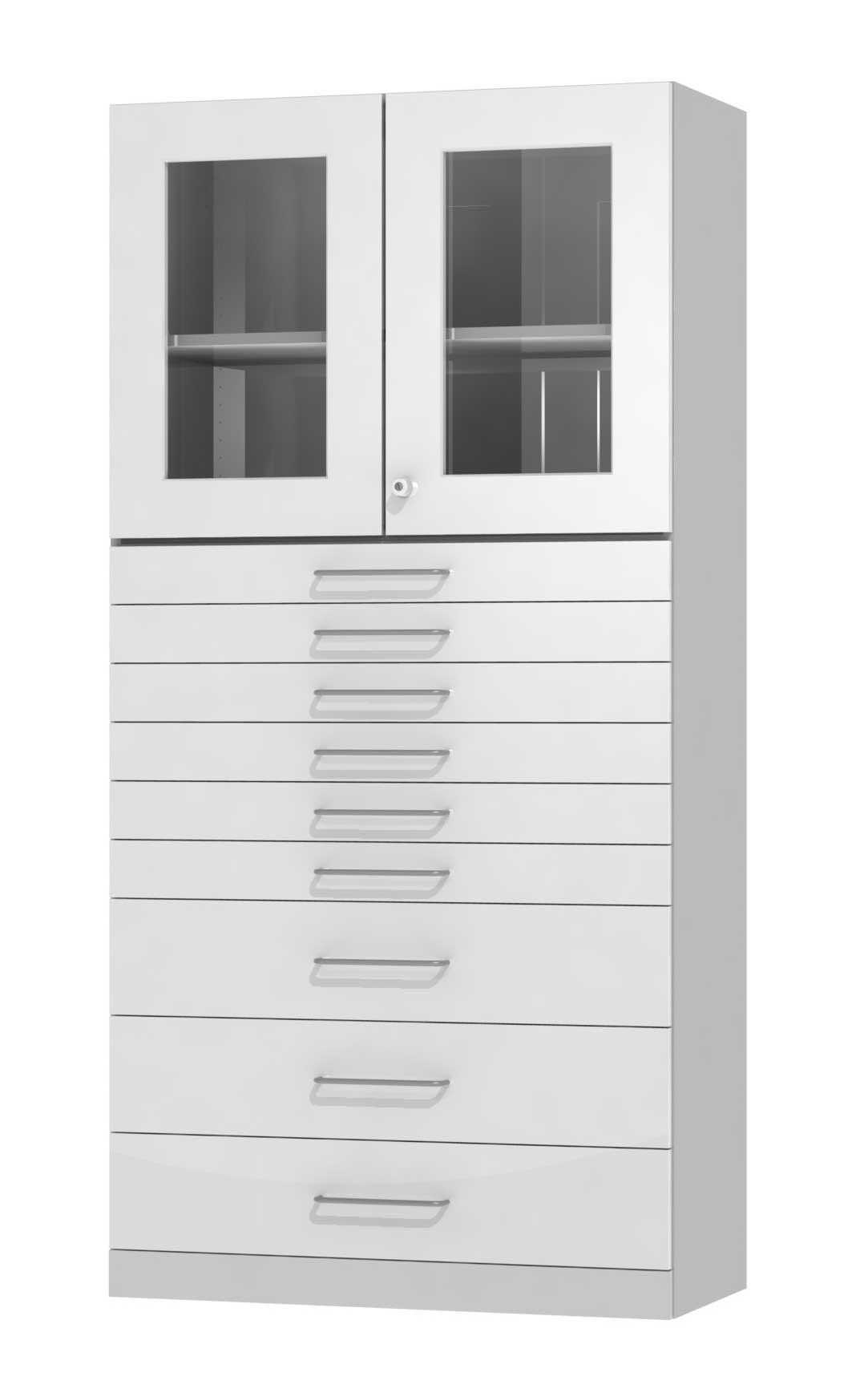 Cabinet combination of base cabinet with drawers and top cabinet with glass doors